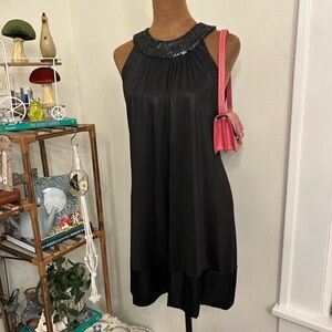 Vintage 90s Y2K Goth Black Sequin Halter Neck Mini Dress by Von Mozart